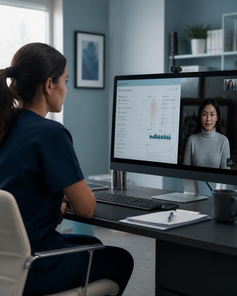 Provider reviewing a patient intake chart during a virtual visit on a clinical console